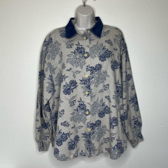 Vintage Capacity Linen Floral Denim Tan Long Sleeve Button Front Shirt Women XL - Picture 11 of 11